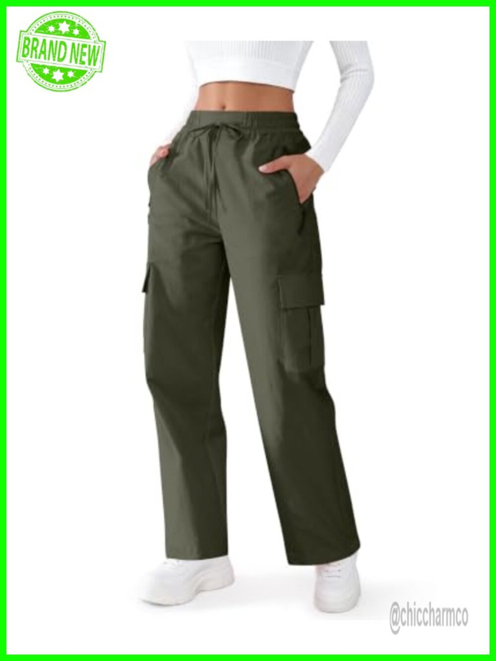 Women's Parachute Cargo Pants Baggy Drawstring Hiking Pants Pockets